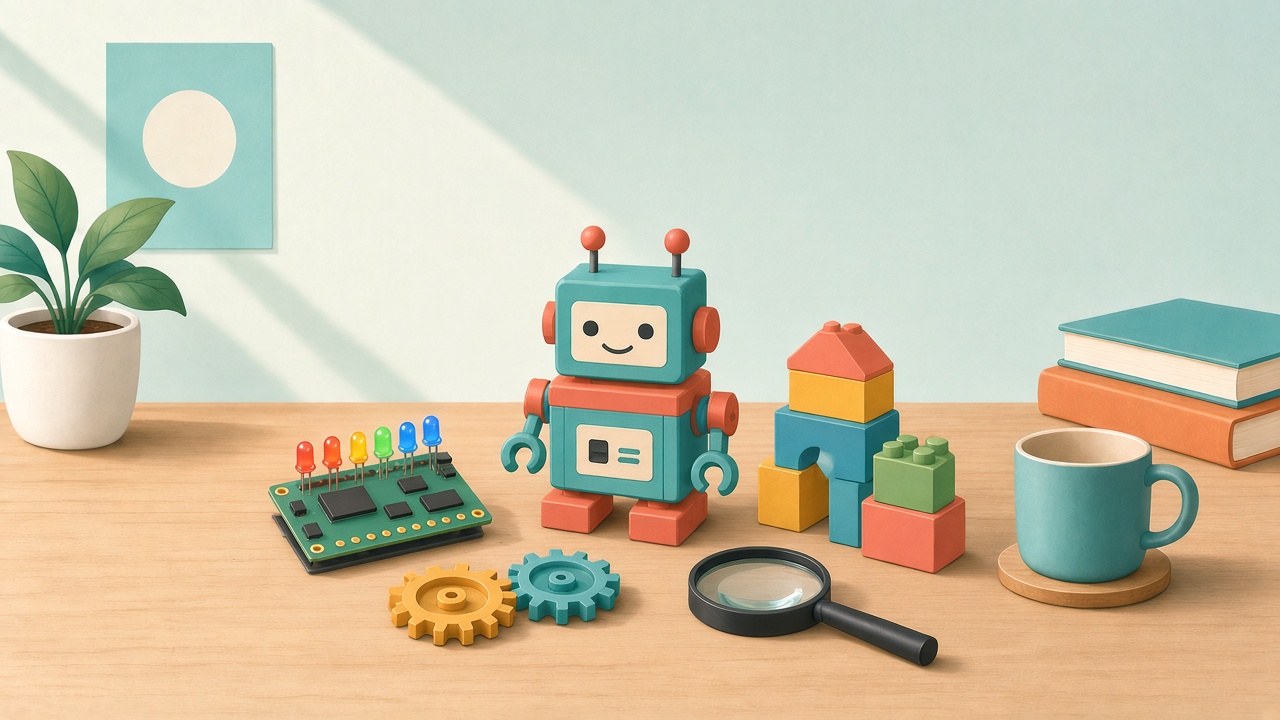 Illustration of STEM kit pieces on a wooden desk: a small toy robot, a circuit board with colored lights, two gears, a magnifying glass and building blocks.