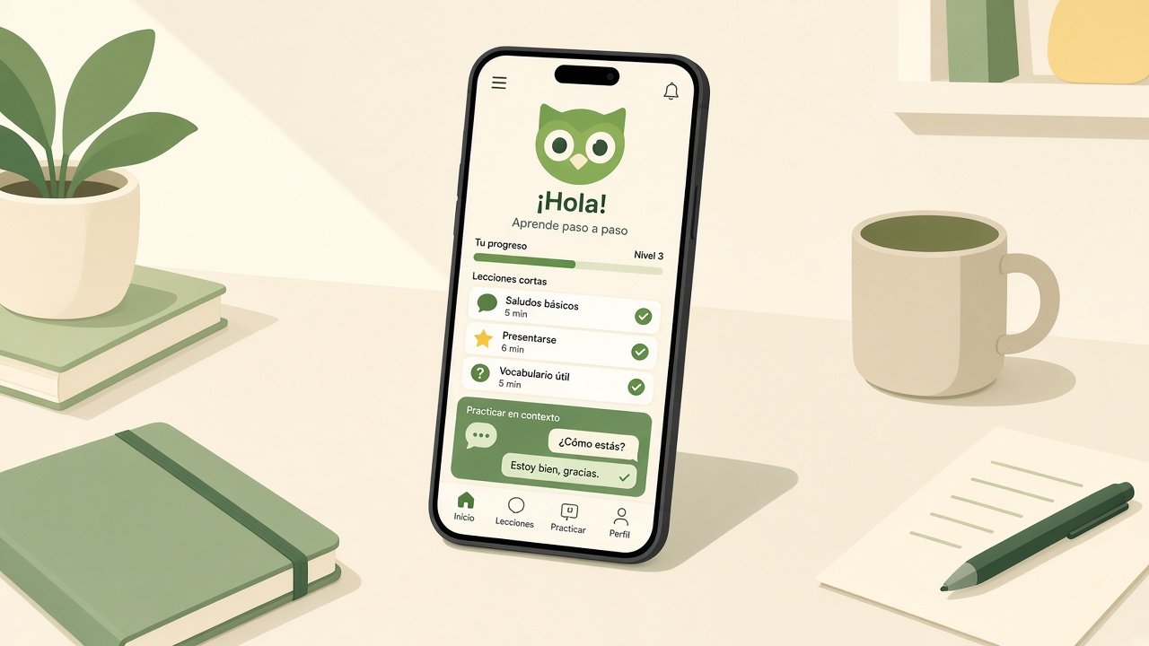 Illustration of a phone on a desk showing a language lesson with short dialogues and a progress bar.