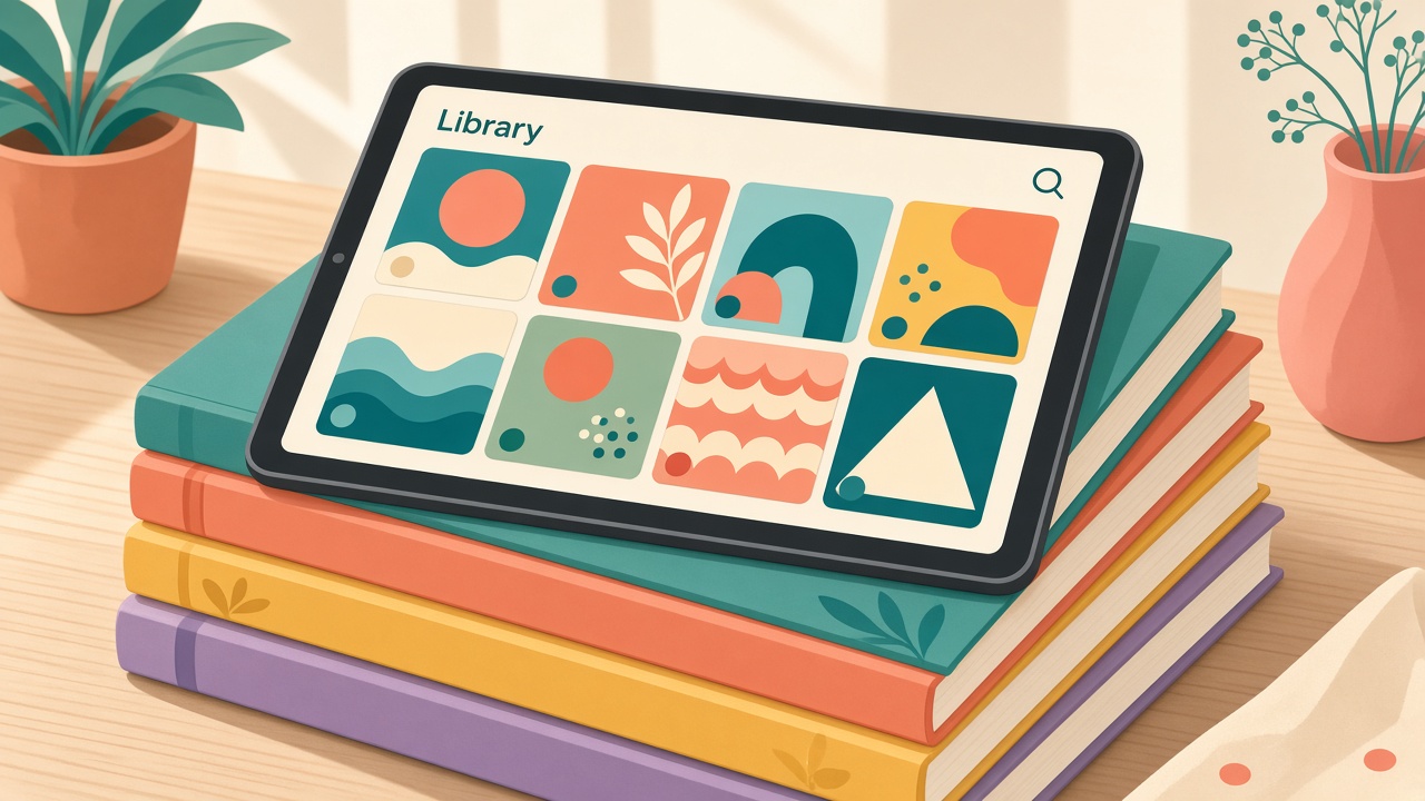 Illustration of a tablet on a stack of books, its screen a grid of abstract book covers.