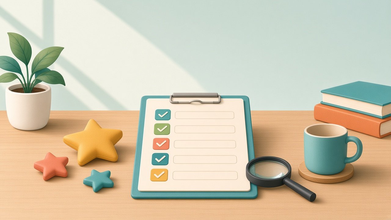 Illustration of a teal clipboard with five color-coded checked rows on a wooden desk, beside a yellow star, small coral and teal stars, a magnifying glass, a teal mug, a potted plant and a stack of books