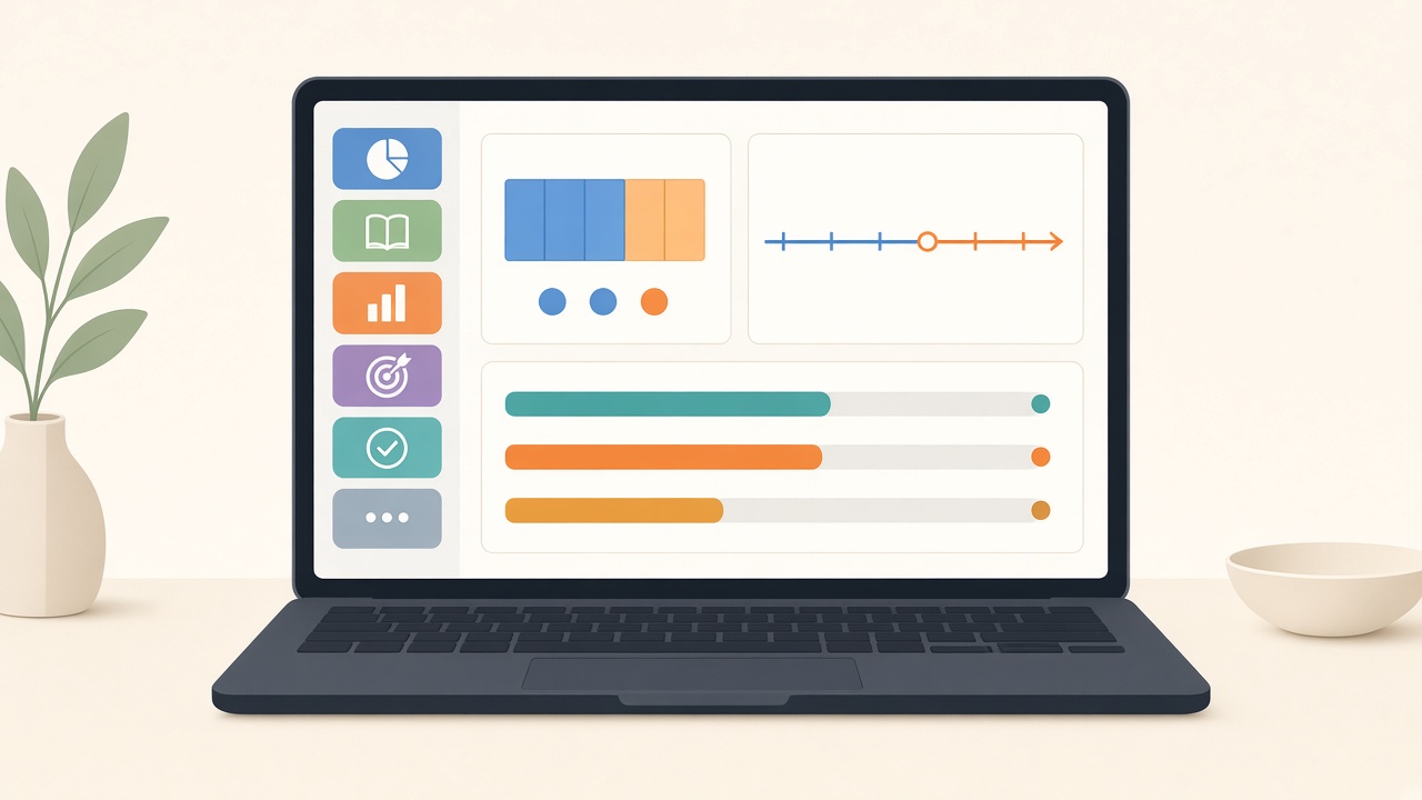 Illustration of a laptop on a desk. The screen shows a sidebar of icons, blue and orange fraction bars, a number line, and three progress bars. A plant and a bowl sit beside the laptop.