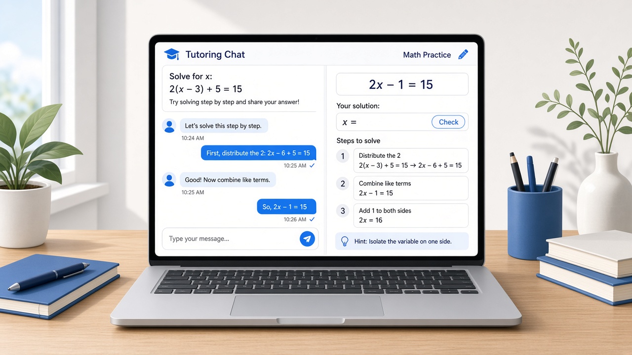 Illustration of a laptop showing a tutoring chat beside a math practice panel.