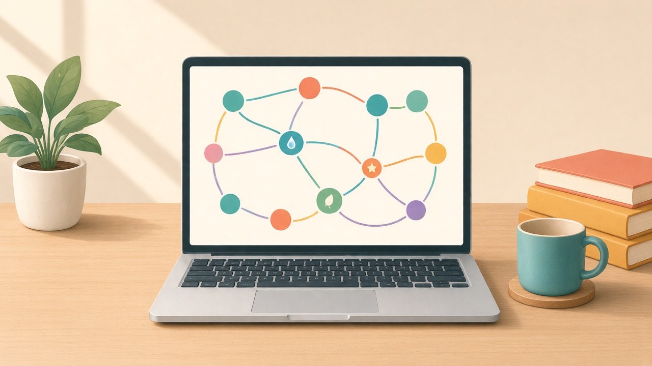 Illustration of a laptop on a desk showing a map of colored circles joined by curving lines, with a water drop, a leaf and a star on three of the circles.