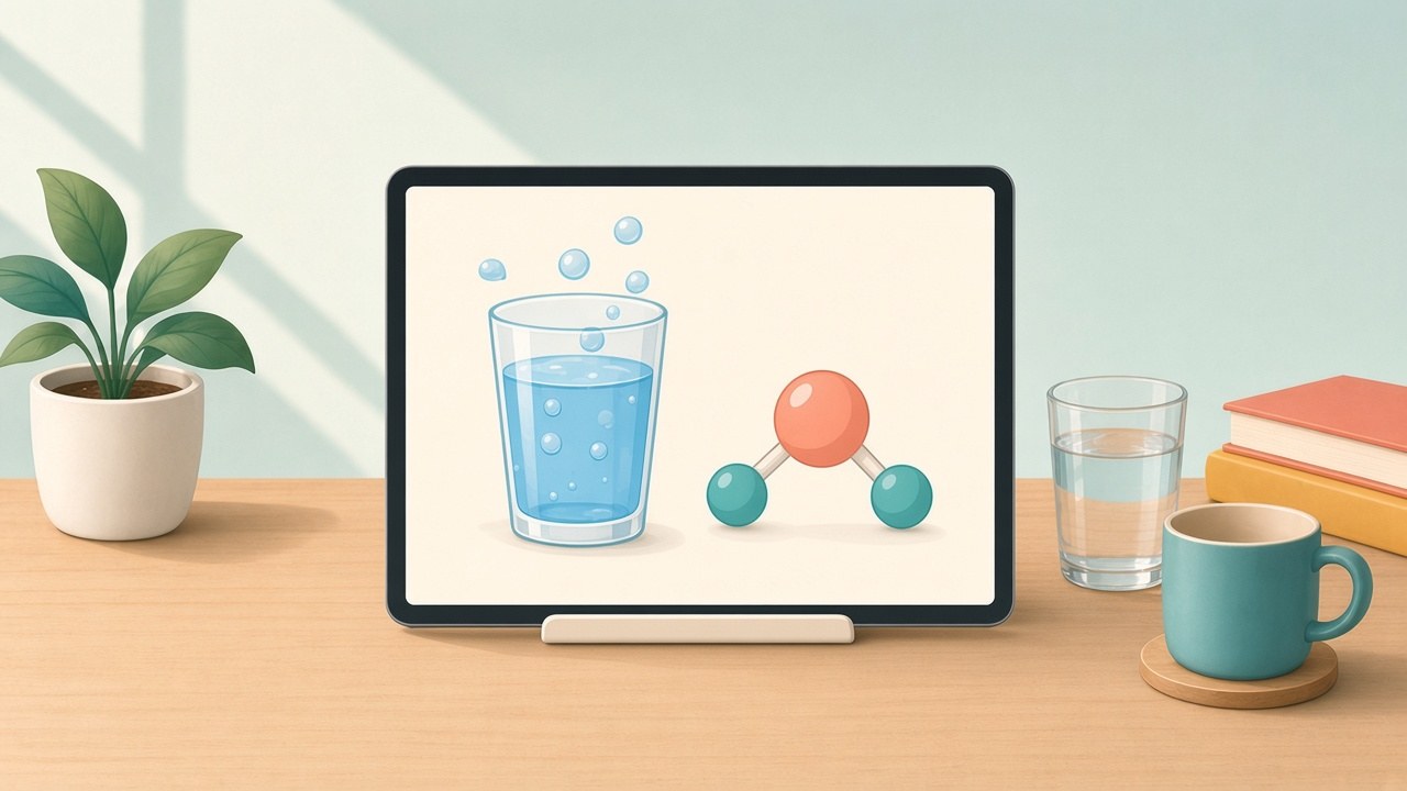Illustration of a tablet on a wooden desk showing a cartoon glass of water with rising bubbles and a simple water molecule, next to a real glass of water and a teal mug.