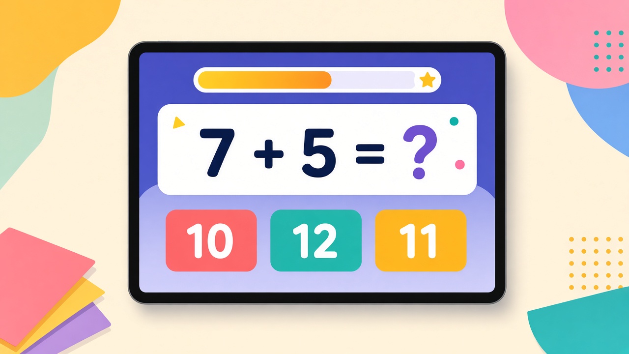 A tablet showing a math game with the question 7 + 5 and the answer choices 10, 12, and 11.