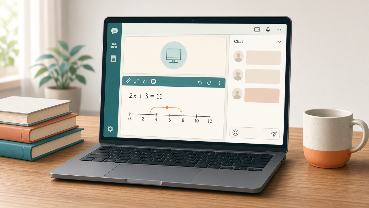 Illustration of a laptop on a desk. The screen shows a tutoring whiteboard with the equation 2x + 3 = 11, a number line, and a chat sidebar.
